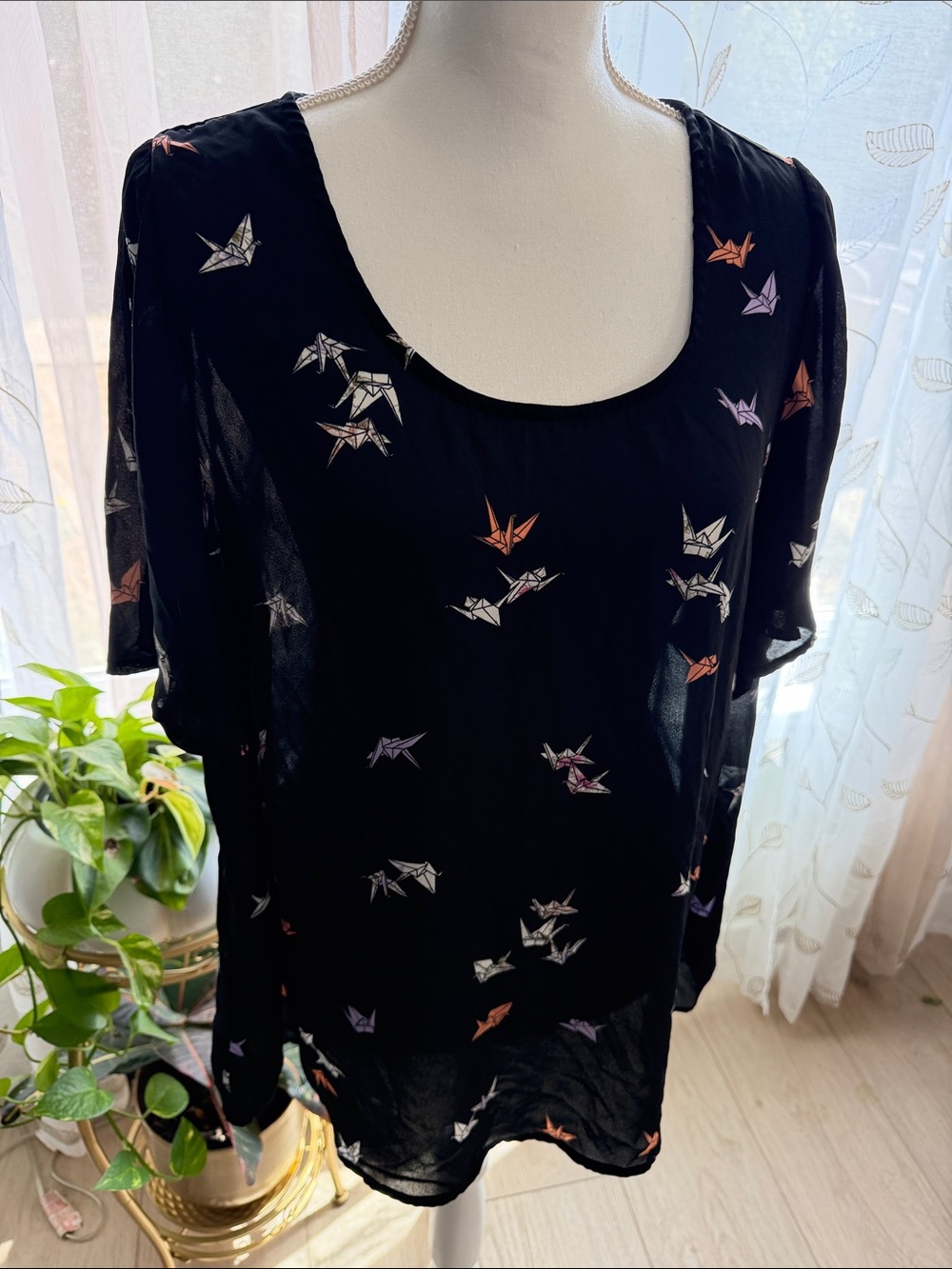 torrid Black Scoop Neck Top with Origami Crane Print